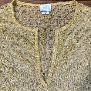 Elif Gold Metallic Threading Sparkle Crochet Sheer Cover Up Tunic Pull On M